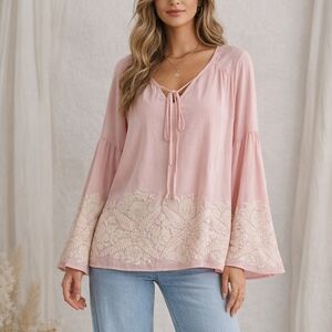 BLUE RAIN 100% Rayon Bell Sleeve Peasant Top with Embroidered Hem, Nwt, Size L